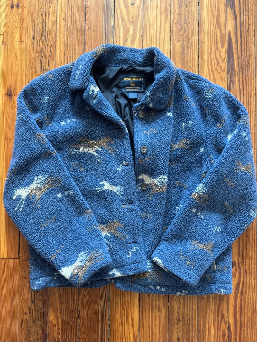 Woolrich Blue Sherpa Jacket with White & Brown Animal Motif